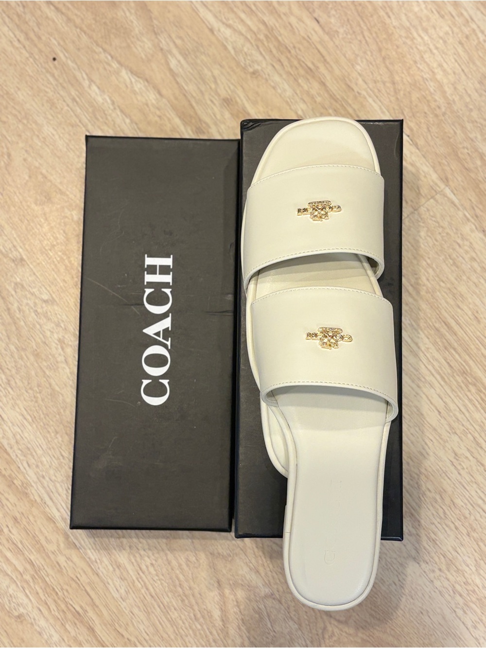 Coach Ivory Leather Slide Sandals with Gold Tone Logo - Picture 2 of 3